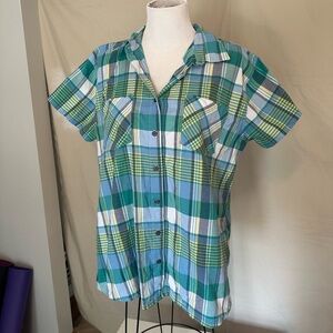 Women's Plaid Button Down Shirt in Teal Green Noble Outfitters cotton XL yellow